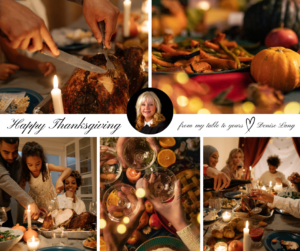 A heartfelt Thanksgiving collage with family and friends dining, carving turkey, toasting glasses, autumn dishes, and candles. Central text reads “Happy Thanksgiving from my table to yours” with a portrait of a smiling woman sharing a Thanksgiving message.