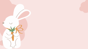 Minimalist illustration of a white bunny holding a carrot with a ribbon, set against a soft pink background with abstract shapes. Perfect for the spring season, the bunny is positioned on the left, leaving space on the right.
