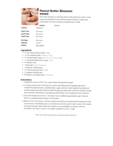 A printed recipe page for Peanut Butter Blossoms features a festive cookie image on top, list of ingredients, instructions, and details like prep time and servings—a sweet way to wish you a Merry Christmas and a Bright New Year in a clean format.