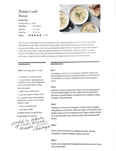 An image of a Potato Leek Soup recipe page, featuring a photo of creamy soup in bowls with sliced leeks on top. The page lists ingredients, preparation steps, and handwritten notes welcoming spring in the margin.