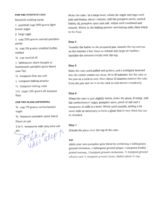 A typed pumpkin cake recipe is shown in black text on white paper. There is handwritten text in blue ink at the bottom left corner that reads, Don’t skip this step! with an arrow pointing to Step 7—perfect for sharing gratitude this holiday season.