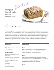A recipe page for Pumpkin Crumb Cake captures the warmth of the Holiday Season, featuring a cake slice with crumb topping on a white plate. "Excellent" is handwritten at the top in purple ink. Ingredients and steps are listed below.