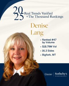 A woman with blonde hair and a white blouse smiles against a cream and blue background. June Joys: Denise Lang ranked #47 by volume, $18.79M Vol, 16.3 Sides in Bigfork, MT—Glacier Sotheby’s International Realty. 2023 Real Trends Verified + The Thousand Rankings.