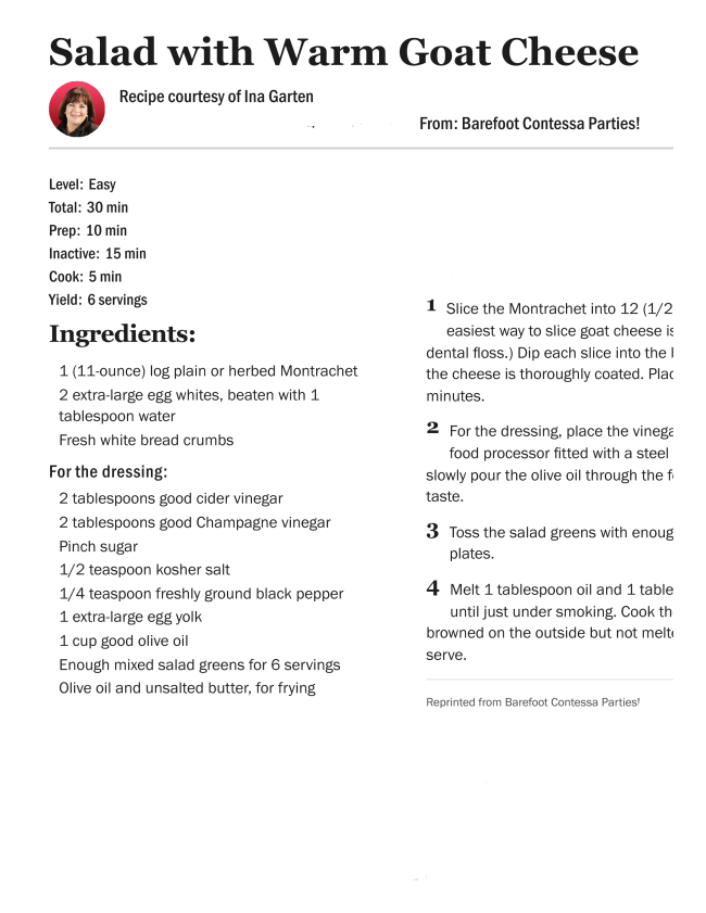 A recipe page titled Salad with Warm Goat Cheese by Ina Garten. Perfect for Blooming Homes gatherings, the page lists ingredients, directions, serving size, prep and cook times, all organized with bold headers and neat bullet points.