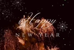Golden fireworks light up a dark sky, symbolizing new beginnings, with the text Happy New Year in elegant white script across the center. Small decorative starbursts add to the festive celebration atmosphere.