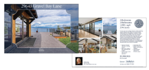 A real estate flyer for 29643 Gravel Bay Lane in Polson, Montana, highlights waterfront views, a spacious deck, and modern interiors. Learn more about the Sellers Process for this 3 bed, 3 bath, 1,900 sq. ft. home on 3.94 acres.