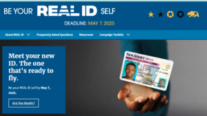 A hand holds a New Jersey REAL ID card. The banner reads BE YOUR REAL ID SELF with a deadline of May 7, 2025. This spring season, get your REAL ID to fly—click the Are You Ready? button and don’t miss out on seasonal promotions!.