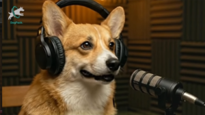 A corgi wearing large headphones sits in front of a microphone in a soundproof studio, as if hosting a podcast. The DogPack logo is visible in the top left corner, capturing the steady momentum of February light.