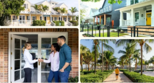 A collage showing homes with palm trees, a couple shaking hands with a real estate agent at a front door, colorful houses with porches, and a person walking on a palm-lined path—perfect scenes for Summer Listing Season.