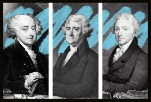 Three historical men in formal 18th-century attire are shown in separate black-and-white portraits, set against a background with light blue scribble marks, capturing a HOT sense of style perfect for the Summer Listing Season.