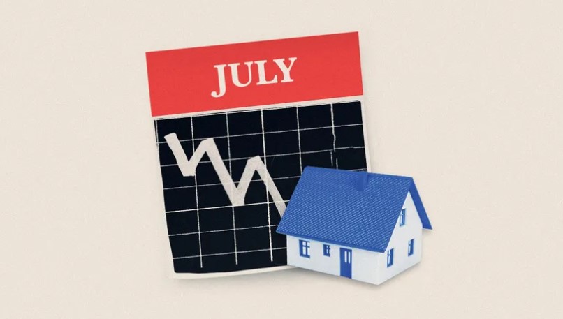 A calendar page labeled July with a downward trending graph behind a small blue-and-white house, suggesting a rolling decline in the housing market leading into August.