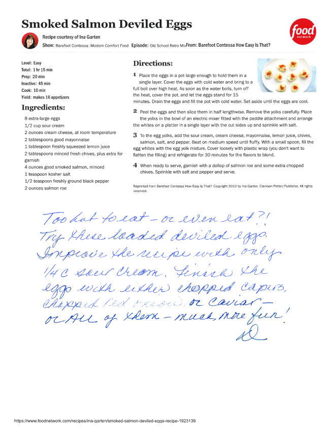 A recipe card for smoked salmon deviled eggs features typed ingredients and directions, with handwritten notes suggesting variations like wasabi and caviar. The Food Network logo appears in the upper right corner of this rolling August favorite.