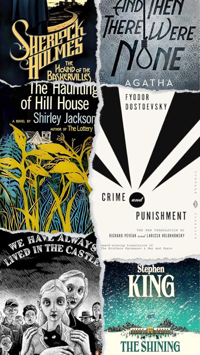 A collage of six classic novel covers—perfect for cozy reading during Fall: The Hound of the Baskervilles, The Haunting of Hill House, And Then There Were None, Crime and Punishment, We Have Always Lived in the Castle, and The Shining. #OctoberUpdate.