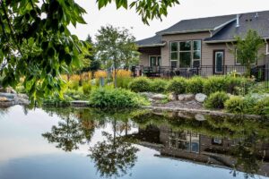 A modern house with large windows sits behind a landscaped garden and small pond, trees and shrubs surrounding the water. Reflections shimmer in the pond’s surface, creating a festive scene perfect for a Bright New Year.