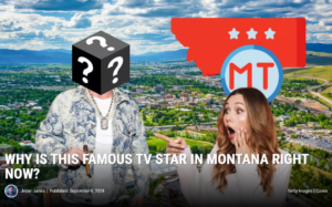 A surprised woman reacts to a person with a box featuring question marks over their head, both set against a Montana city backdrop with a Montana state graphic. Text reads: “WHY IS THIS FAMOUS TV STAR IN MONTANA BEFORE MERRY CHRISTMAS?”.