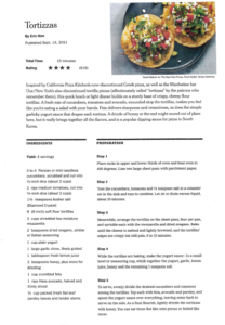A recipe page for Tortizzas by Eric Kim, featuring an image of two flatbread pizzas with vegetables inspired by Spring Market finds. The page includes ingredients, preparation steps, serving info, and a short description.