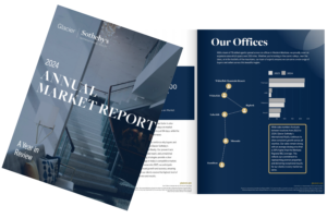 A cover and an inside page of the 2024 Glacier Sotheby’s Annual Market Report showcase a winter glow staircase photo on the cover and an interior chart with office locations and a timeline, perfect for your December real estate update.