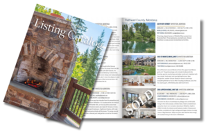 An open December real estate listing catalog features a cover with an outdoor stone fireplace and trees. Inside pages display Montana property listings with home photos, descriptions, and one marked SOLD, capturing the warmth of a winter glow.