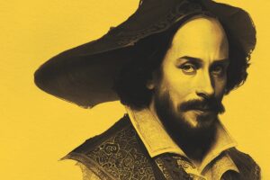 A portrait of a man in historical clothing and a wide-brimmed hat, drawn in black and yellow tones, set against a solid yellow background, inspired by the vibrant spirit of the Flathead Valley Spring Market.