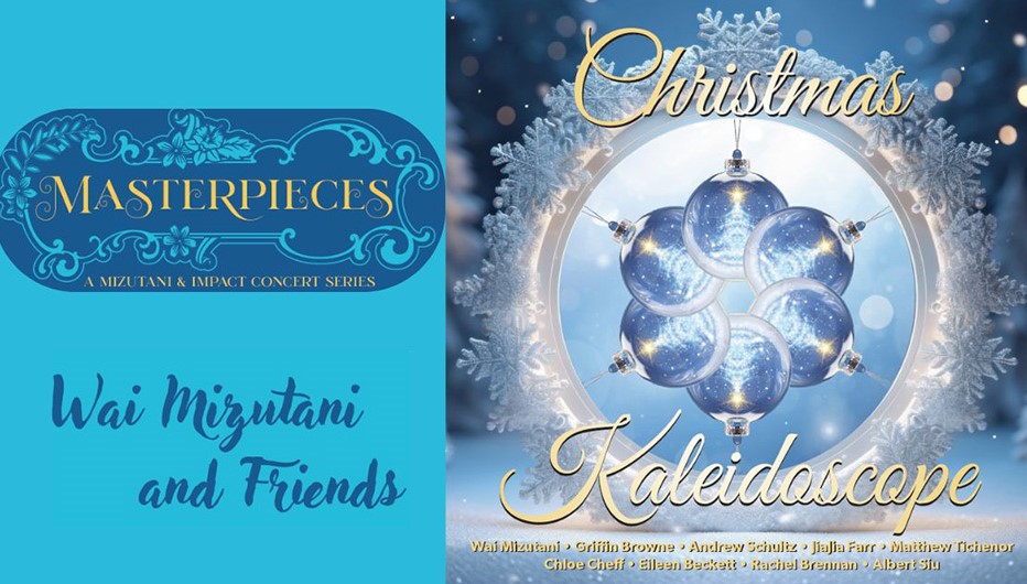 A festive poster for Christmas Kaleidoscope by Wai Mizutani and Friends; features blue ornaments forming a snowflake on a frosty background, with elegant gold and blue text, wishing you a Merry Christmas and joyful New Year.