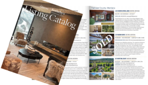 A Glacier Sotheby’s Listing Catalog is shown, featuring a stylish living room on the cover. Spring Into the Season with listings for homes in Flathead County, Montana; one property is marked “SOLD.”.