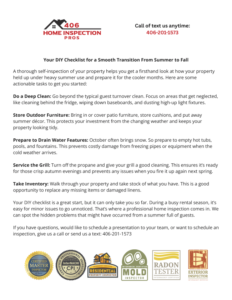 A checklist flyer from 406 Home Inspection Pros offers fall home maintenance tips for September in Bigfork, including cleaning gutters, storing outdoor items, draining water features, servicing the grill, and scheduling a yearly home inspection.