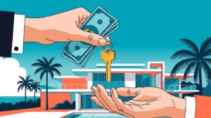 An illustrated image of one hand giving cash and another receiving a golden key, with a modern house, palm trees, and community lights in the background, symbolizing a real estate transaction or home purchase.
