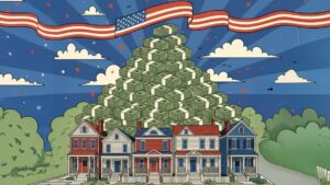 A cartoon-style image of five suburban houses with a large pyramid of cash on their roofs. Community lights glow as an American flag waves above, with rays and clouds in the sky, suggesting wealth or investment in American real estate.