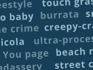A dark blue background with various trendy or popular words and phrases in shades of blue and gray, including touch grass, burrata, creepy-cr, freestyle, and hints of cozy season for that warm community spirit.