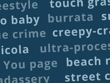 A dark blue background with various trendy or popular words and phrases in shades of blue and gray, including touch grass, burrata, creepy-cr, freestyle, and hints of cozy season for that warm community spirit.