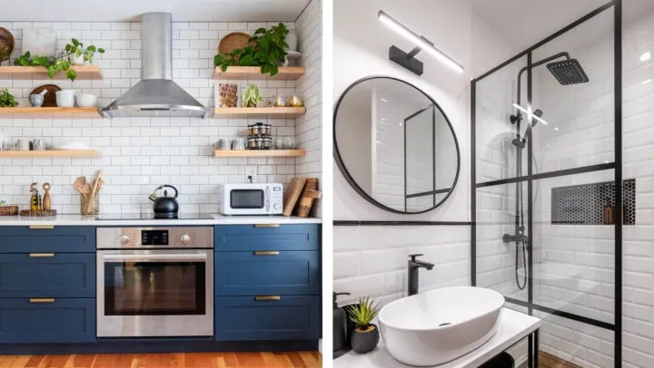 Side-by-side image: left, a modern kitchen with blue cabinets and open wood shelves, perfect for June Joys; right, a stylish bathroom with glass shower and black fixtures—both spaces ready for new beginnings and daily celebrations.