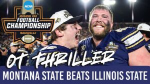 Two jubilant Montana State football players celebrate on the field, their movement captured in a moment of triumph. A graphic reads 2026 DI Football Championship Nashville and bold text says OT Thriller—Montana State Beats Illinois State.