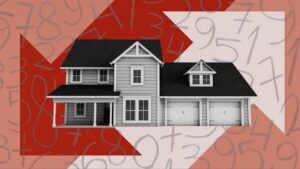 A grayscale house stands in the center with red and white arrows pointing in opposite directions behind it. Faded numbers cover the background, suggesting themes of real estate listings, finance, or housing data.