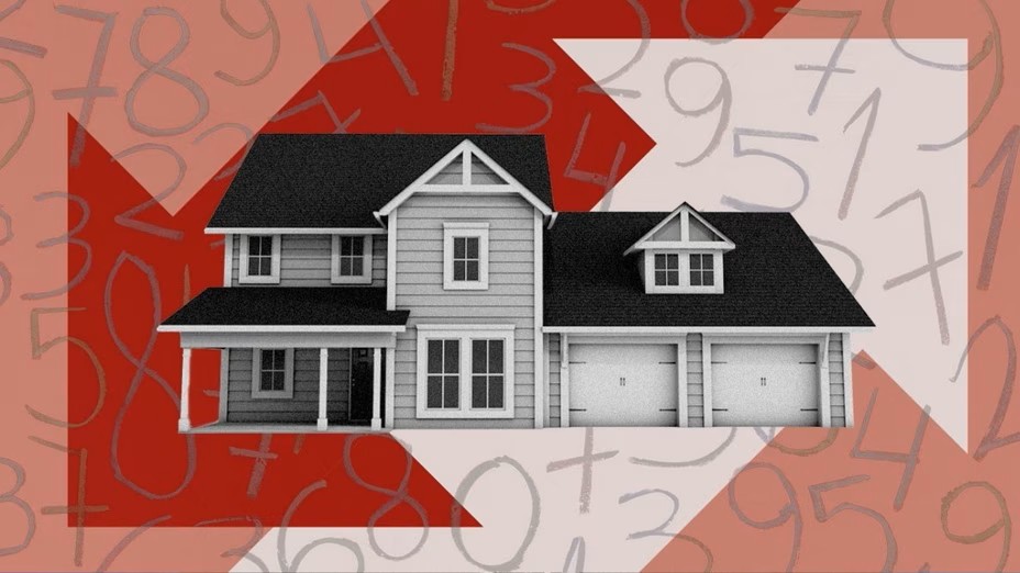 A grayscale house stands in the center with red and white arrows pointing in opposite directions behind it. Faded numbers cover the background, suggesting themes of real estate listings, finance, or housing data.