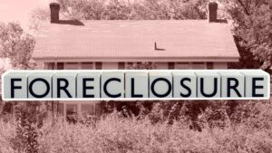 A sepia-toned image of a house with overgrown bushes in front, bathed in February light, is overlaid with the word FORECLOSURE in bold block letters.