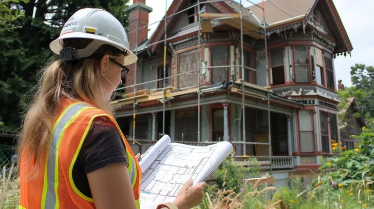 A woman in a safety vest and hard hat examines blueprints in front of an old Victorian-style house under renovation, with scaffolding around the building and autumn leaves scattered on the ground.