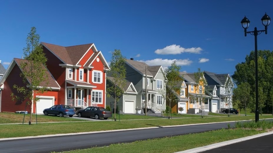 A row of colorful suburban houses with garages and parked cars lines a quiet street, where green lawns and young trees thrive beneath the clear blue sky—capturing the spirit of August Reflections.