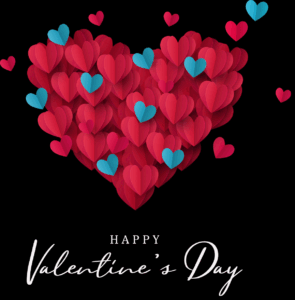 A heart shape made of layered red and blue paper hearts on a black background, with the text "Happy Valentines Day" written below in elegant white script—proof that love is in the air and the market heating up this season.