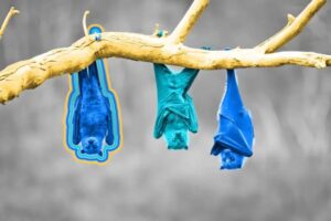 Three bats hang upside down from a branch, brightly colored in yellow and blue tones against a grayscale background. The vibrant colors evoke the warmth of gratitude, even during the chilly winter and festive holiday season. The left bat is outlined in yellow and blue.