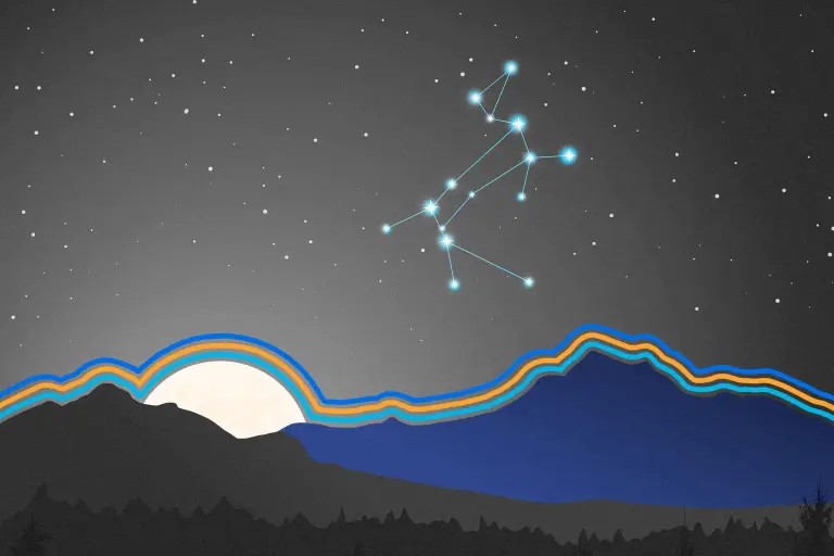 A stylized night landscape shows a moon rising behind mountains with outlined edges in blue, orange, and yellow. In this Season of Action, a constellation of stars glimmers above, surrounded by smaller stars—inviting August Reflections.