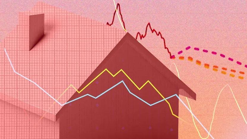 Illustration of a red house overlaid with jagged, colorful lines representing financial or housing market graphs on a pink gradient background—perfect for an October update on Fall market trends.