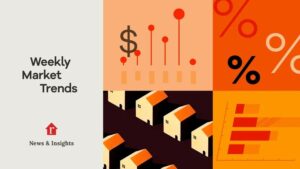 A graphic titled Weekly Market Trends features icons of dollar signs, percentages, bar charts, and houses, highlighting October Update insights. Realtor’s News & Insights logo appears at the bottom left for this Fall market overview.