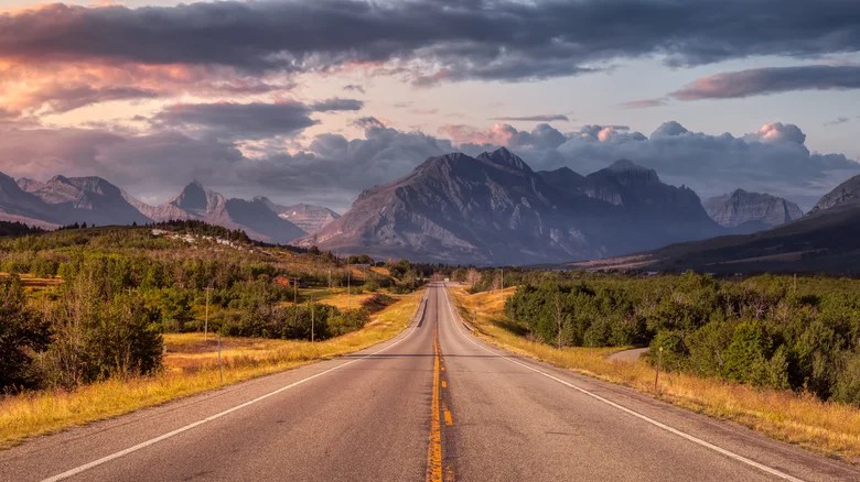 A straight, empty road stretches into the distance, surrounded by green fields and trees in spring, leading toward dramatic mountains under a partly cloudy sky at sunset—symbolizing new opportunities ahead.