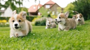 Four playful Corgi puppies run across a grassy lawn in Flathead Valley, with houses and trees in the blurred background, enjoying a sunny day outside.