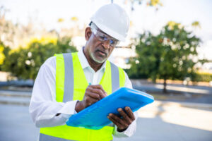 An older man wearing a white hard hat, safety glasses, and a reflective vest writes on a blue clipboard outdoors, surrounded by trees and sunlight on a cool crisp day in fall.