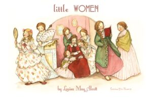 Illustration of the four March sisters from Little Women in period dresses, engaging in reading, grooming, and chatting, with "December Real Estate" elegantly displayed above and the author’s name below them.