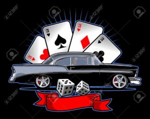 A classic black car keeps rolling in front of four large playing cards—aces of hearts, spades, diamonds, and clubs—with two dice and a red ribbon beneath, all set against a black background. It’s the perfect vibe for August nights.