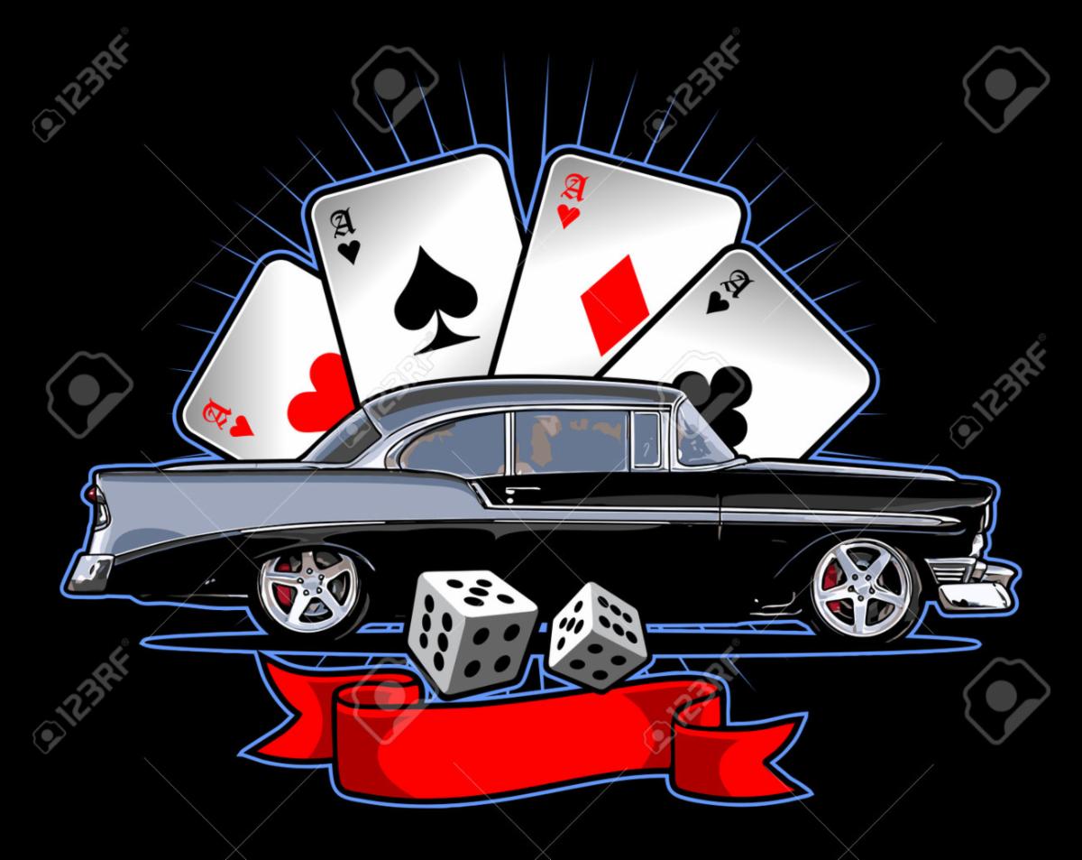 A classic black car keeps rolling in front of four large playing cards—aces of hearts, spades, diamonds, and clubs—with two dice and a red ribbon beneath, all set against a black background. It’s the perfect vibe for August nights.