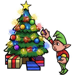 A cartoon elf in a green hat decorates a colorful Christmas tree with ornaments, celebrating Winter Pause. Wrapped presents sit beneath the tree, which is topped with a yellow star and twinkling lights and baubles.