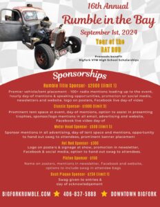 Event flyer featuring a rolling, old red-and-gray rat rod truck, promoting the 16th Annual Rumble in the Bay on September 1st, 2024. Branding, sponsorship tiers, and event details are listed over a light background.